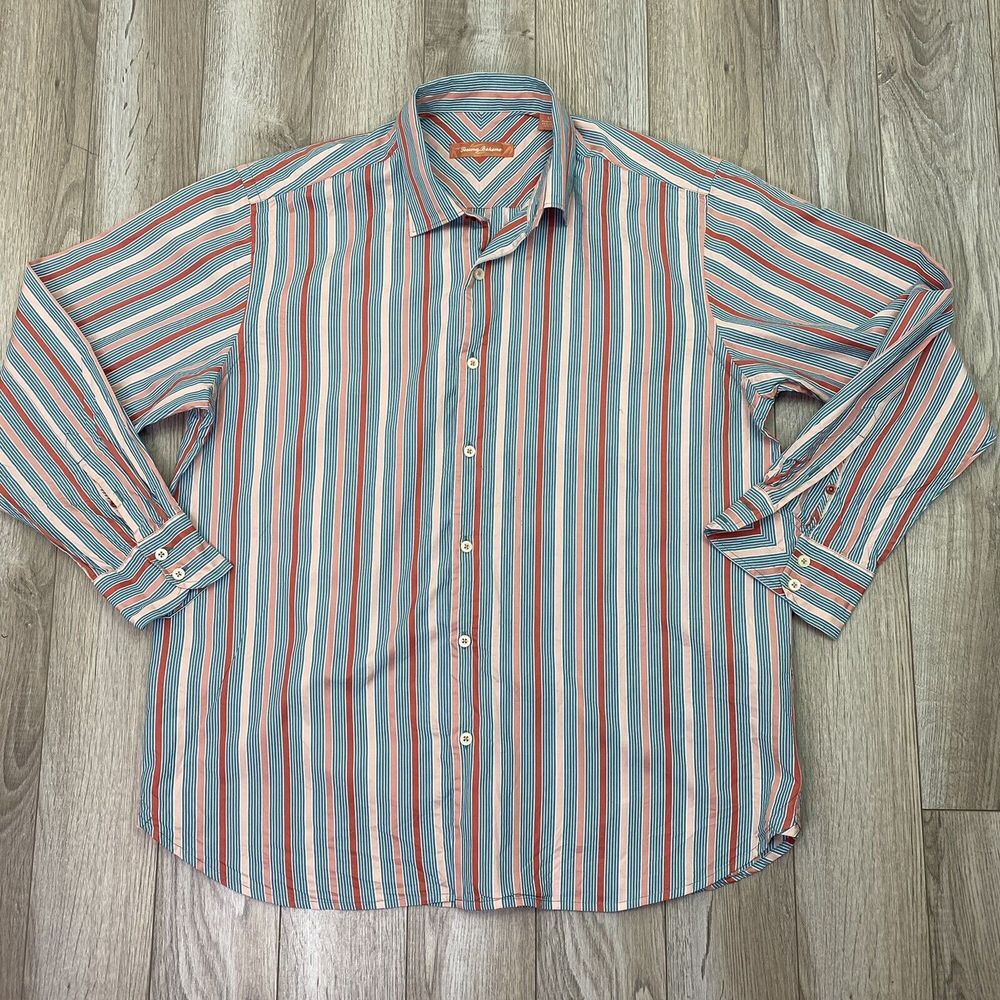 Tommy Bahama Button Down‎ Shirt Large Orange Blue Stripe Mens Long Sleeve